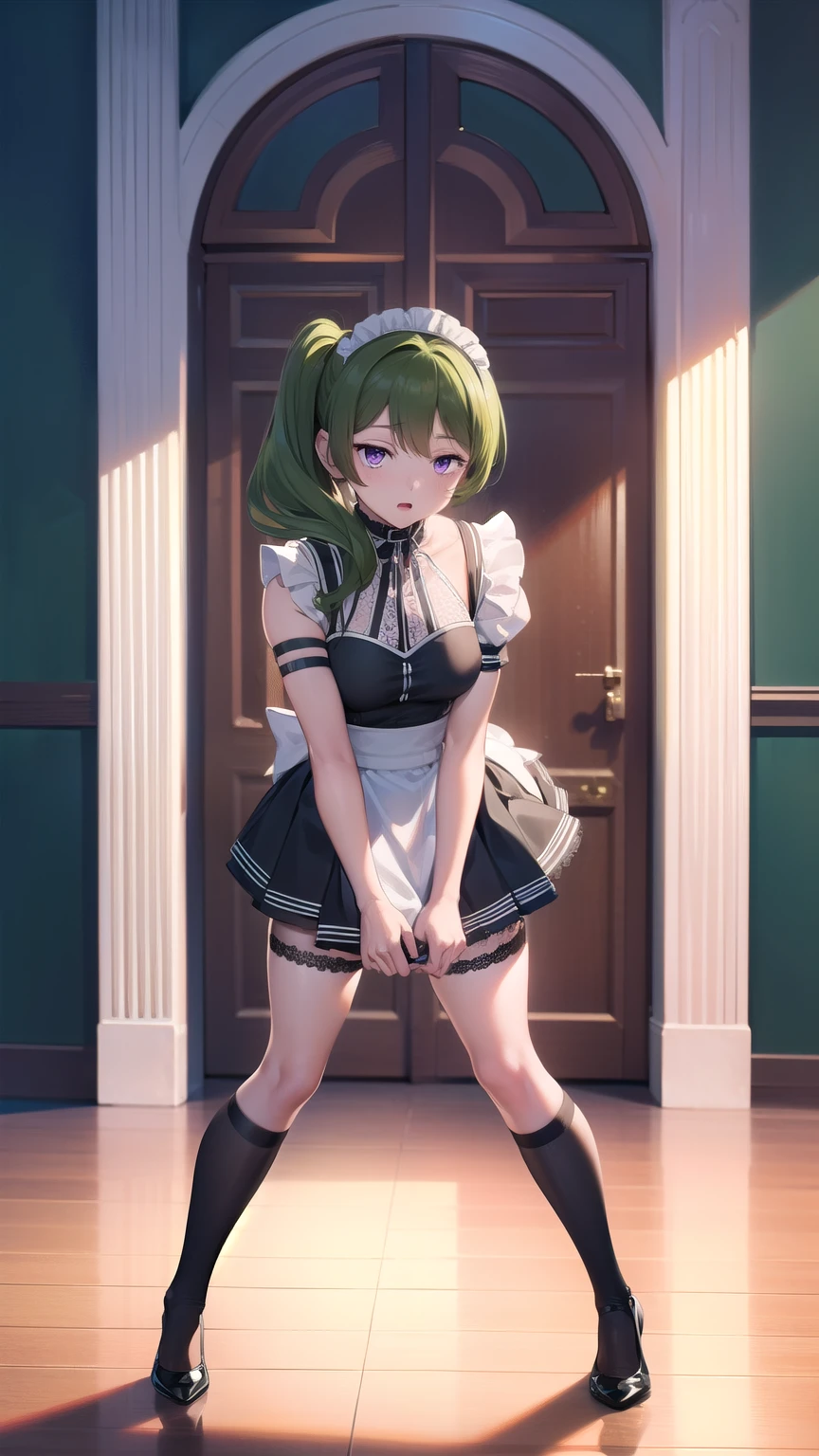 (masterpiece), (Highest quality), (High resolution), (unity 8k wallpaper), (figure:0.8), (Beautiful attention to detail:1.6), Highly detailed face, Perfect lighting, Highly detailed CG, (Perfect hands, Perfect Anatomy),(Ubel ), (1 girl), Green Hair, Side Ponytail, (Purple eyes:1.1), (maid headdress), (mini-skirt maid), (lace stockings), (black pumps), looking at viewer, standig, full body