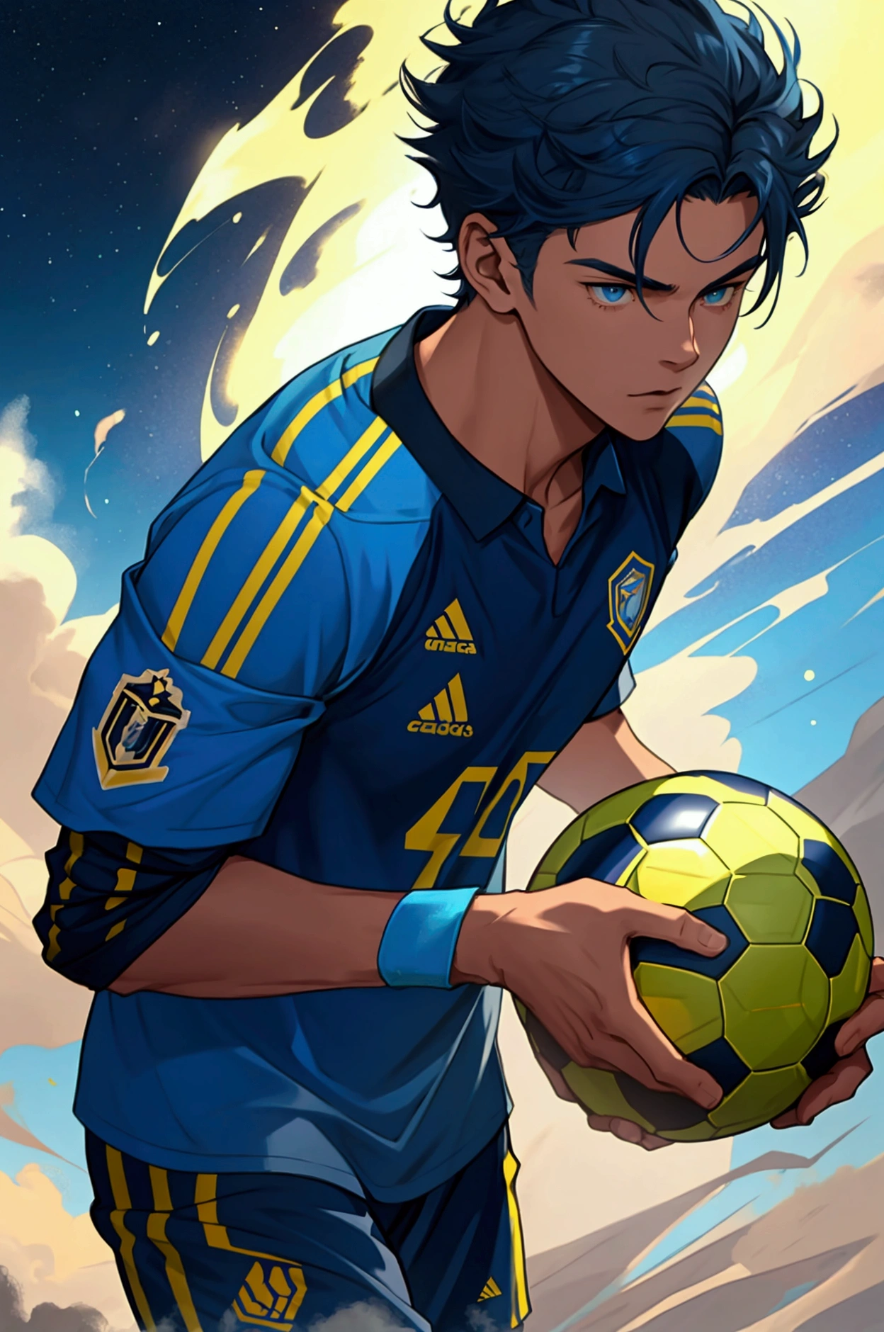 handsome young boy stading holding a soccer ball on his hand. blue energy radiates from his body like smoke. he is dressed in a soccer attire. in the background there are many planets