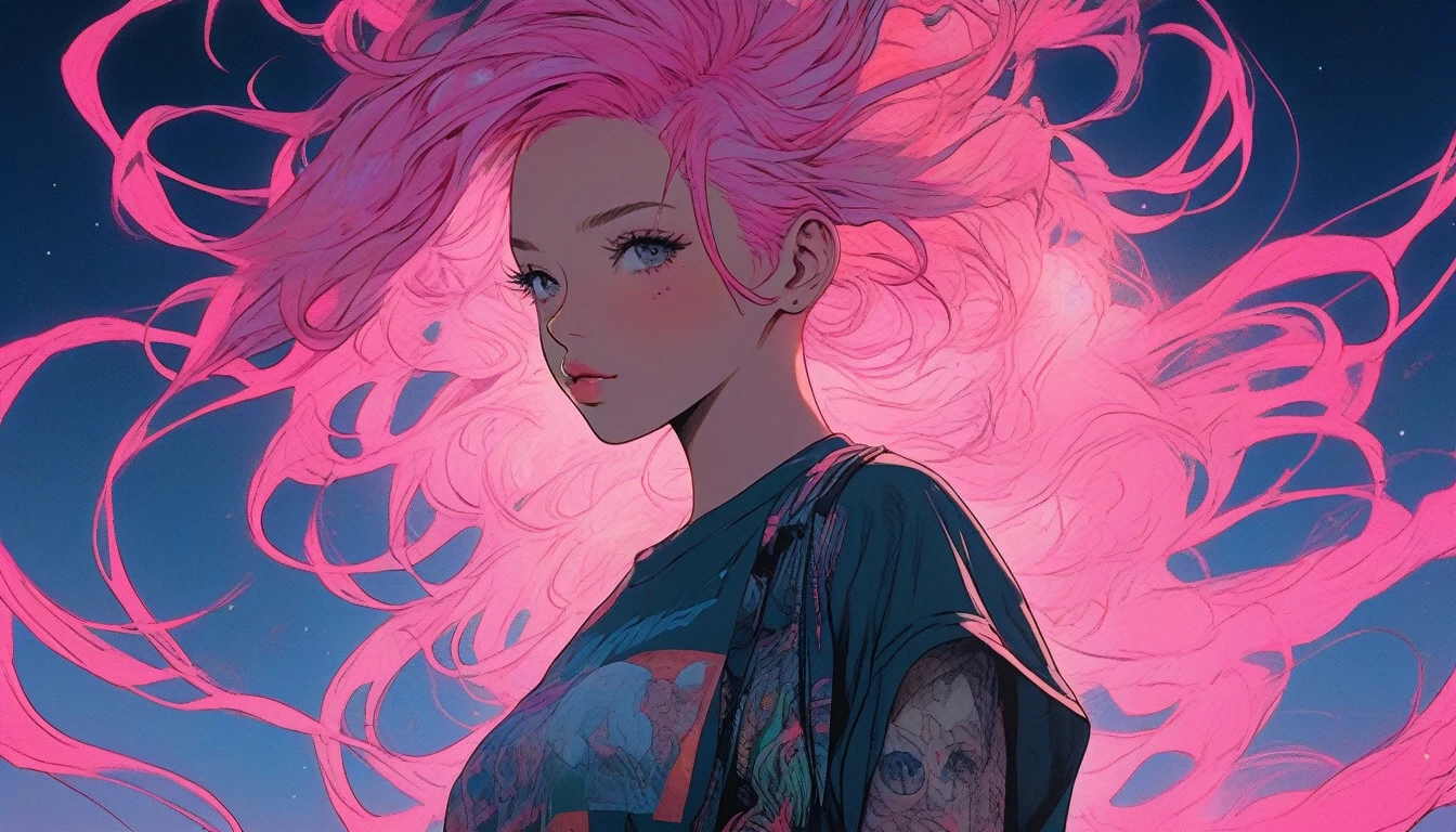 Illustrator, anime , Realistic ,sketch ,1, delicate,lip, T-Shirts,order,Textured Trim, (masterpiece,Highest quality,High resolution, Super detailed) ,Neon Hair,Canadian, (masterpiece,Highest quality) Cancer,evening,