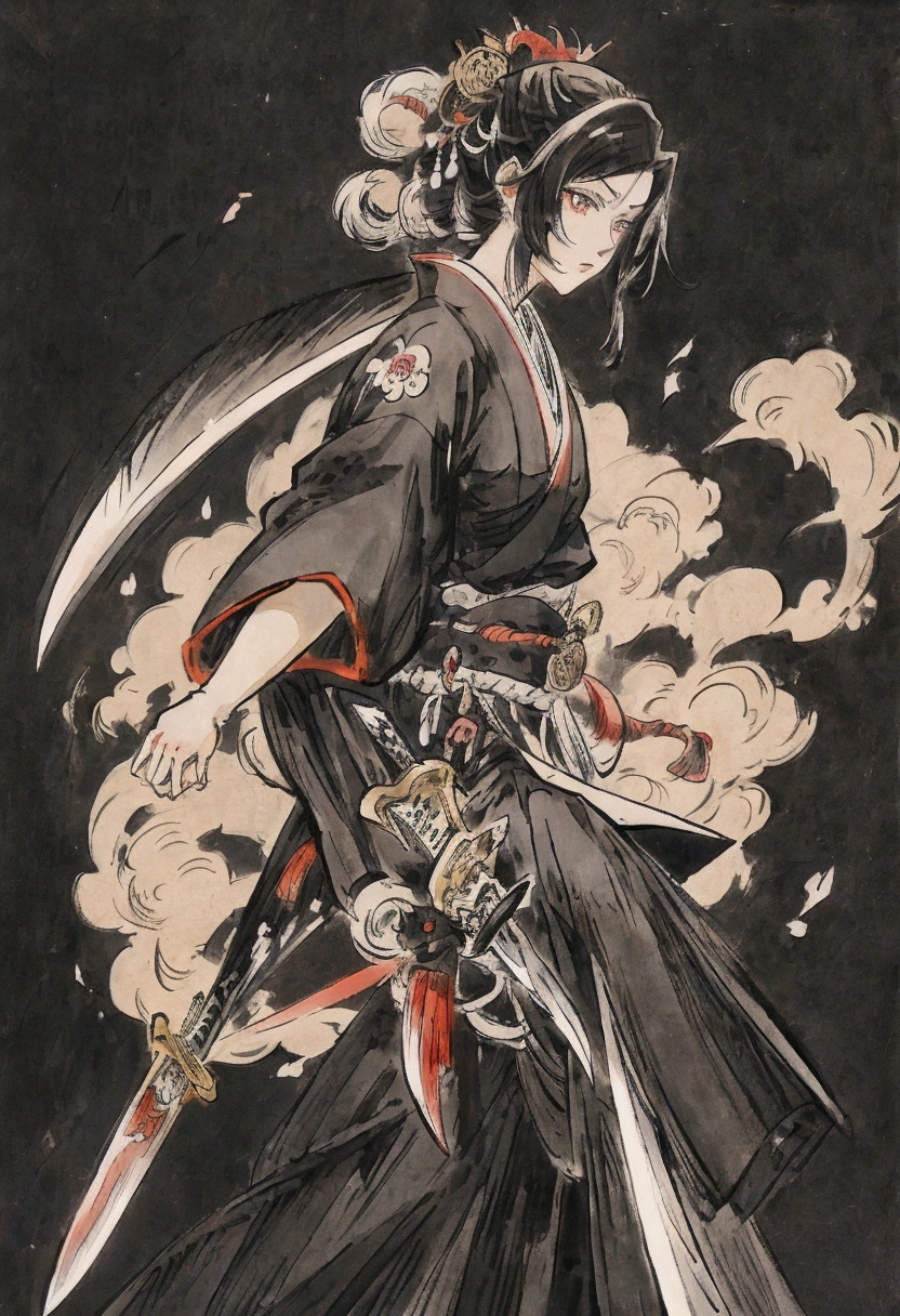 Anime Character Design Japanese style Anime Character Reference Sheet Concept Character black and white manga style Taisho Romance action knife