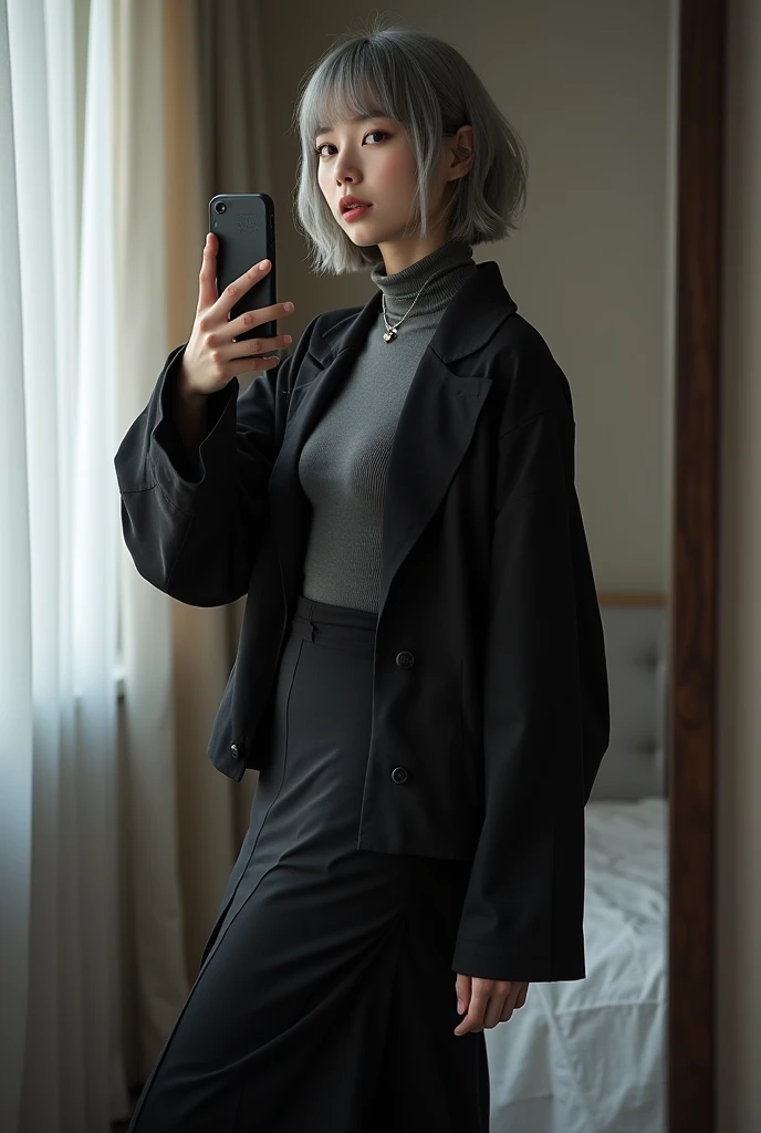 highly detailed, beautiful, hyper Realistic girl, masterpiece, best quality, Japanese sexy gravure woman, 28 years old, identity hidden, takes a selfie in her room using a smartphone in front of a mirror with one hand, fashion model Posing, looking away from the camera, /// gray short hair, light color eyes, Realistic skin, Detailed face, /// black-themed, futuristic-inspired fall outfit, black asymmetrical sleek short shirt with collar, form-fitting turtleneck in a soft gray fabric. Combine this with high-waisted black layered maxi patchwork skirt made from a modern silhouette, Footwear should include black, futuristic sneakers with Thick soles. Accessories might involve a slim, a minimalist silver crossbody bag. The overall look should blend modern functionality with futuristic elements, offering a fresh, forward-thinking take on autumn fashion, /// Monotone simple modern taste single room, mirror, complicated background
