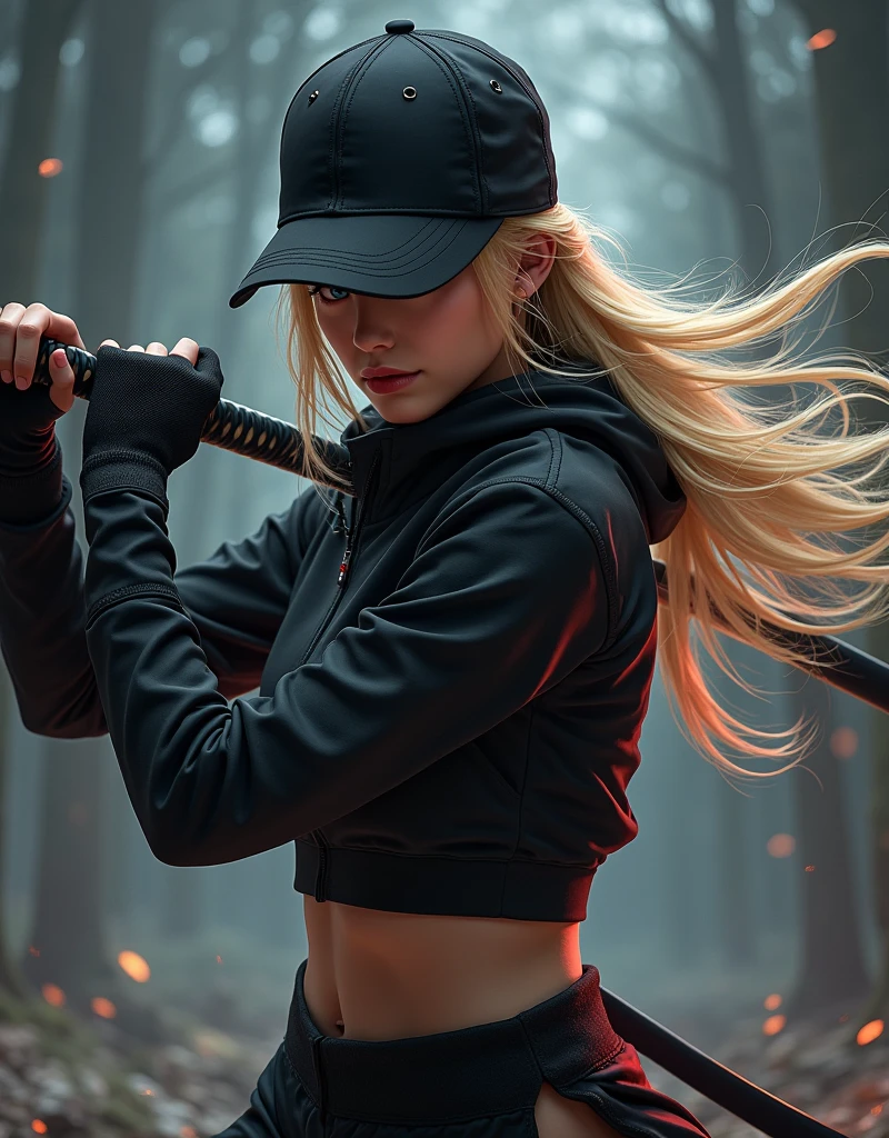beautiful ninja woman in a black baseball cap on her head, long blonde hair, detailed face, beautiful eyes and lips, detailed sportswear, Wakizashi, dynamic pose, dark fantasy, cinematic lighting, dramatic shadows, gloomy colors, digital painting, bright colors, 8k, hyperrealism, detailed description, masterpiece