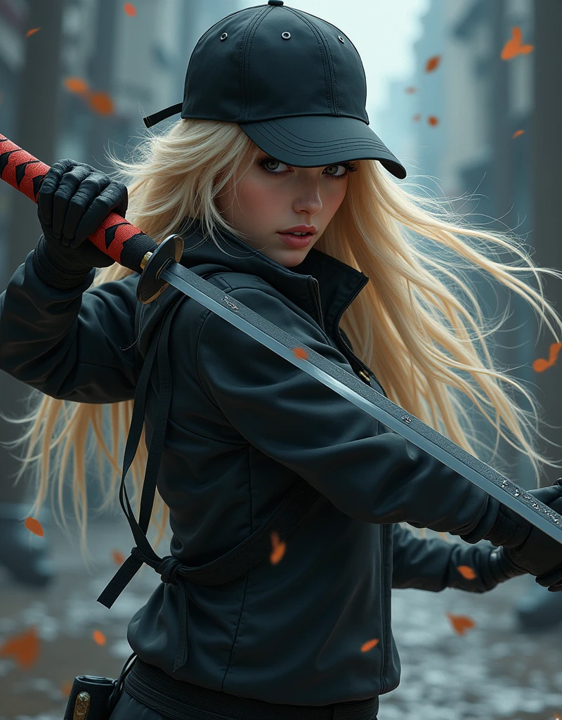 beautiful ninja woman in a black baseball cap on her head, long blonde hair, detailed face, beautiful eyes and lips, detailed sportswear, Wakizashi, dynamic pose, dark fantasy, cinematic lighting, dramatic shadows, gloomy colors, digital painting, bright colors, 8k, hyperrealism, detailed description, masterpiece