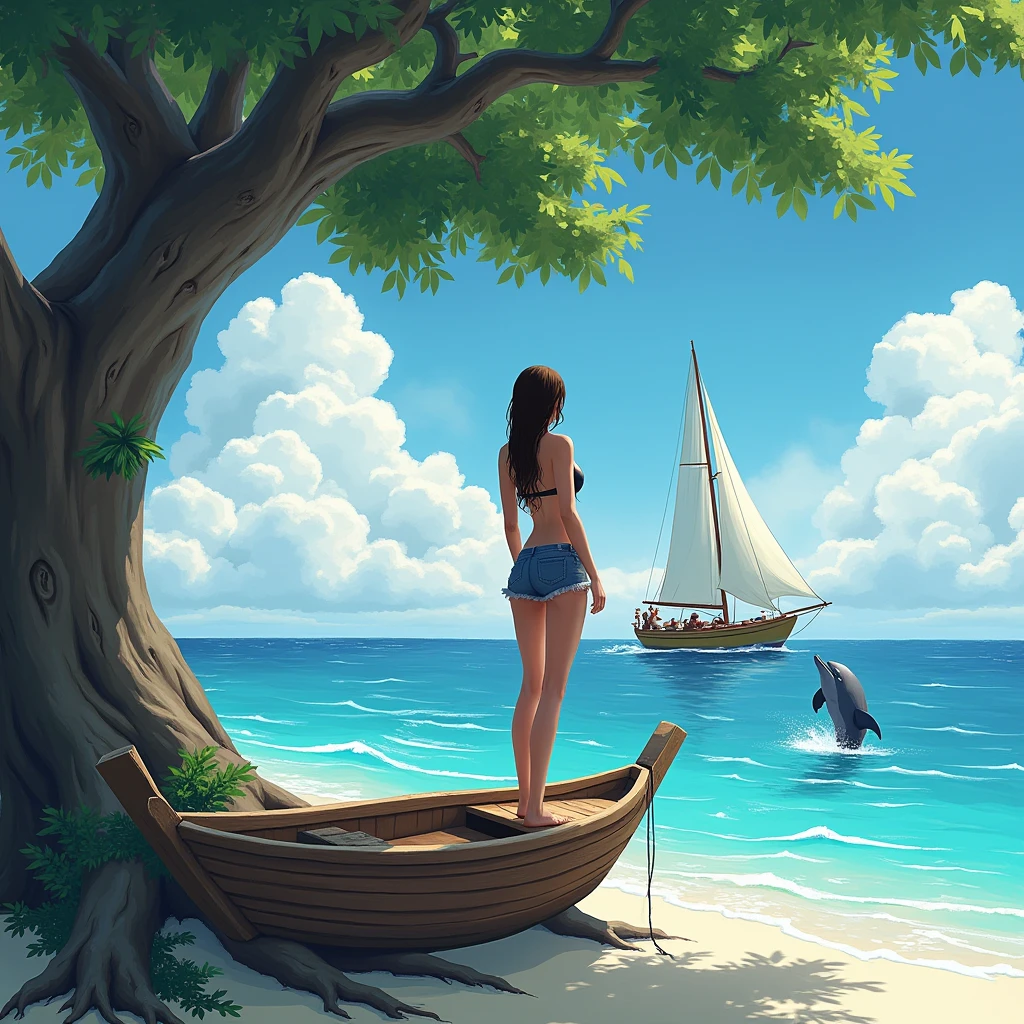 Tree beautiful woman full body, short sexy dressed, on the beautiful sailboat, a Dolphin in the background jumping out the Sea, beautiful Sky, Digital art