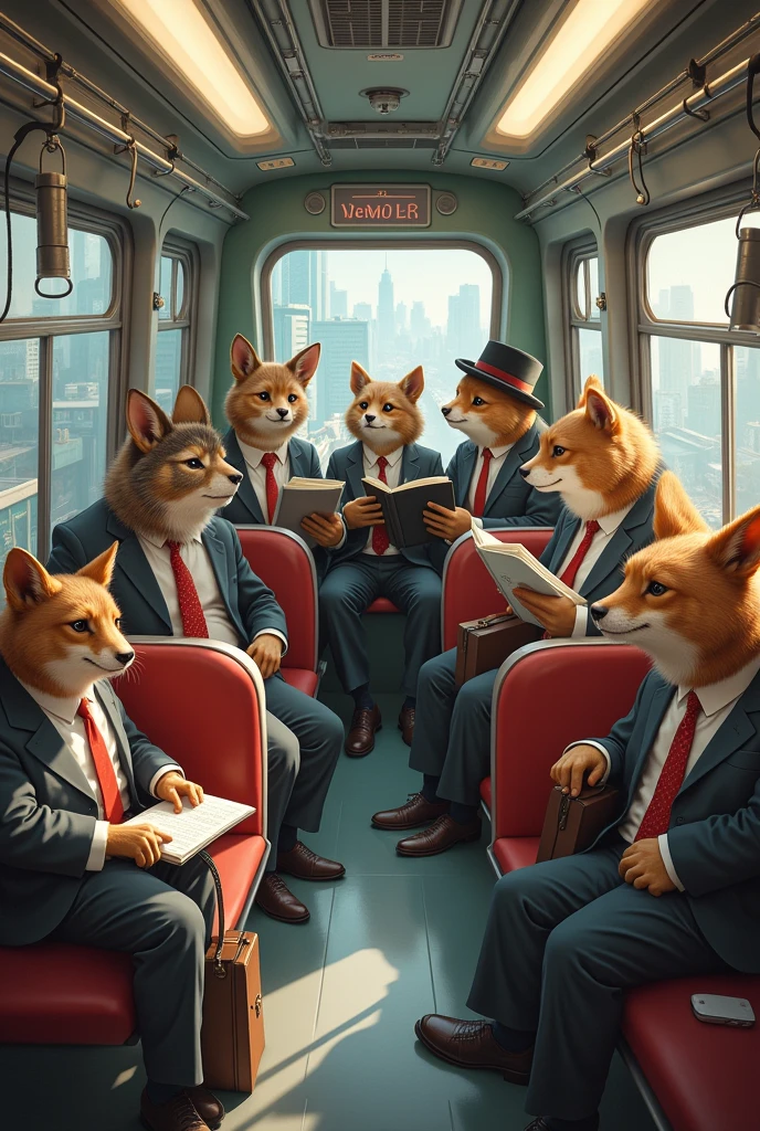 Many animals in a train that are human they go to work and to school The film title is Schoolmenia 