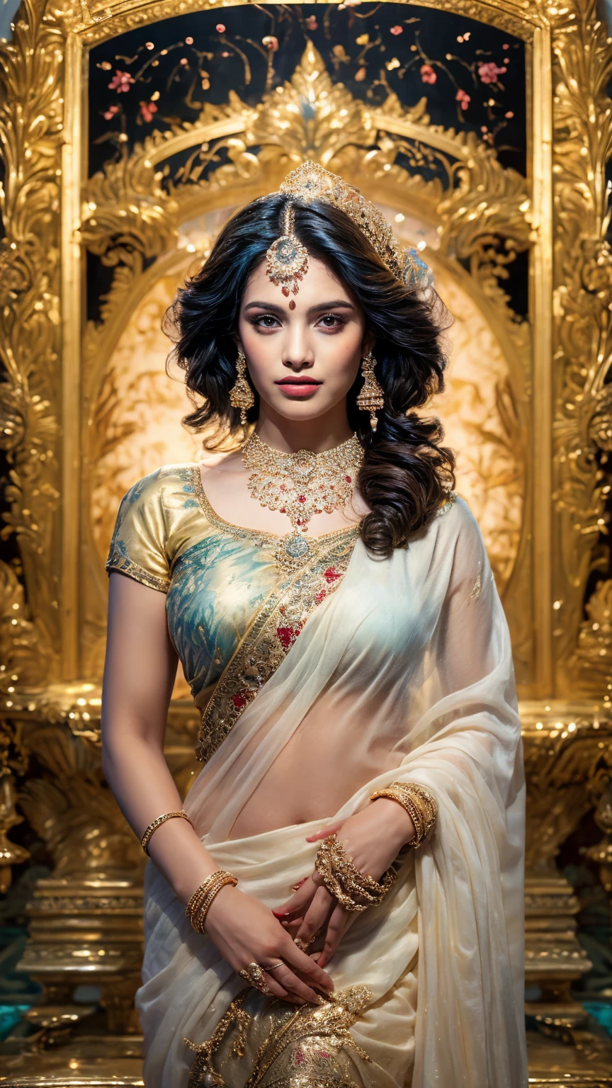 ((Best quality, 8k, Masterpiece :1.3)), Sharp focus :1.2, Generate a realistic image of a beautiful sexy Indian woman plus size body: 8.5 skin like a Mermaid. dressed in a white Kasava saree, adorned with traditional ornaments, standing in a well-lit room with cinematic lighting. ((Front view, random elegant pose)), and there is a sense of grace and elegance in her posture. The background should complement the scene, enhancing the overall aesthetic appeal of the image. Photography by Brandon Woelfel, Full shot: Canon EF 16-35mm f/2.8L III USM lens on a Canon EOS 9D Mark IV camera, ultra realistic, 64k, HD