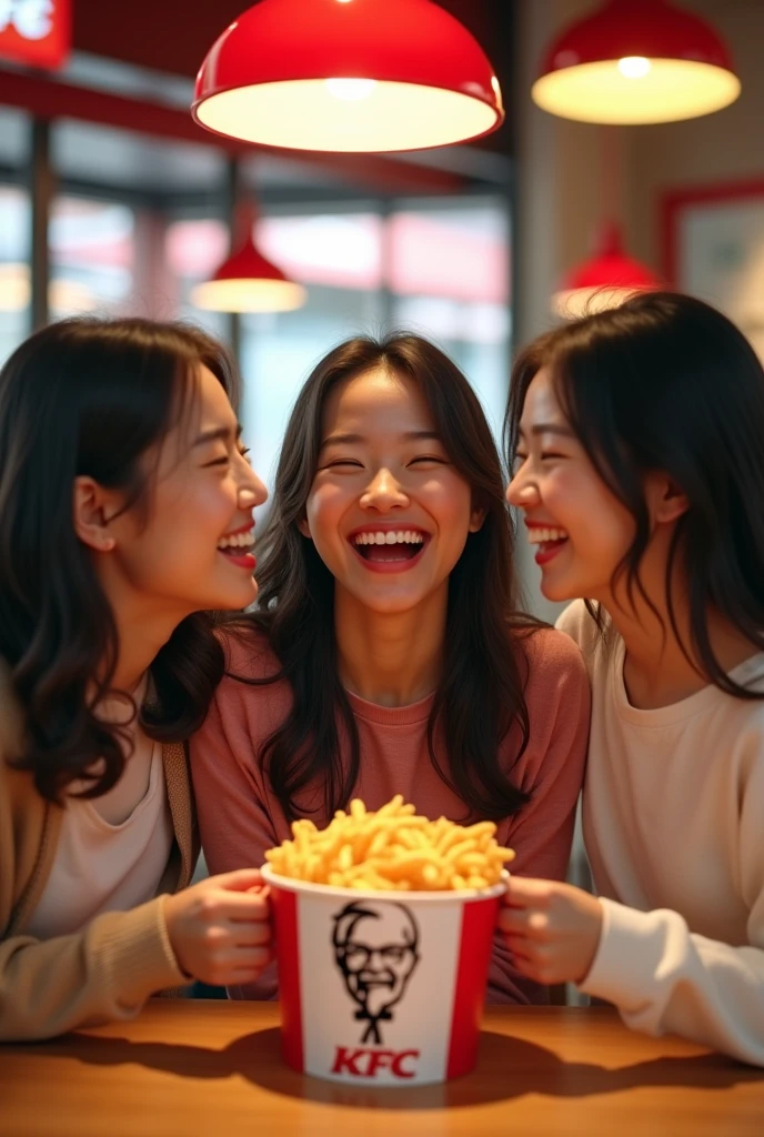 Three young Chinese women good friends，Holding a KFC family bucket，full-body shot，Everyone laughs happily，，KFC sign in the background