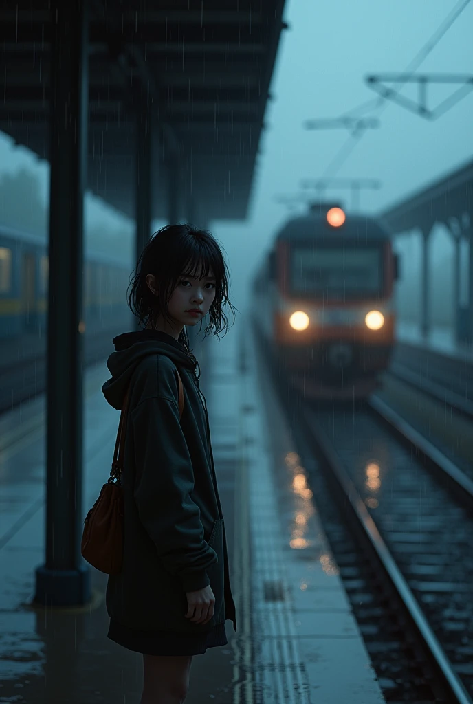 A girl at the station with a bag, drenched in water, in the darkness of the night, the train behind the girl with her hair falling out.