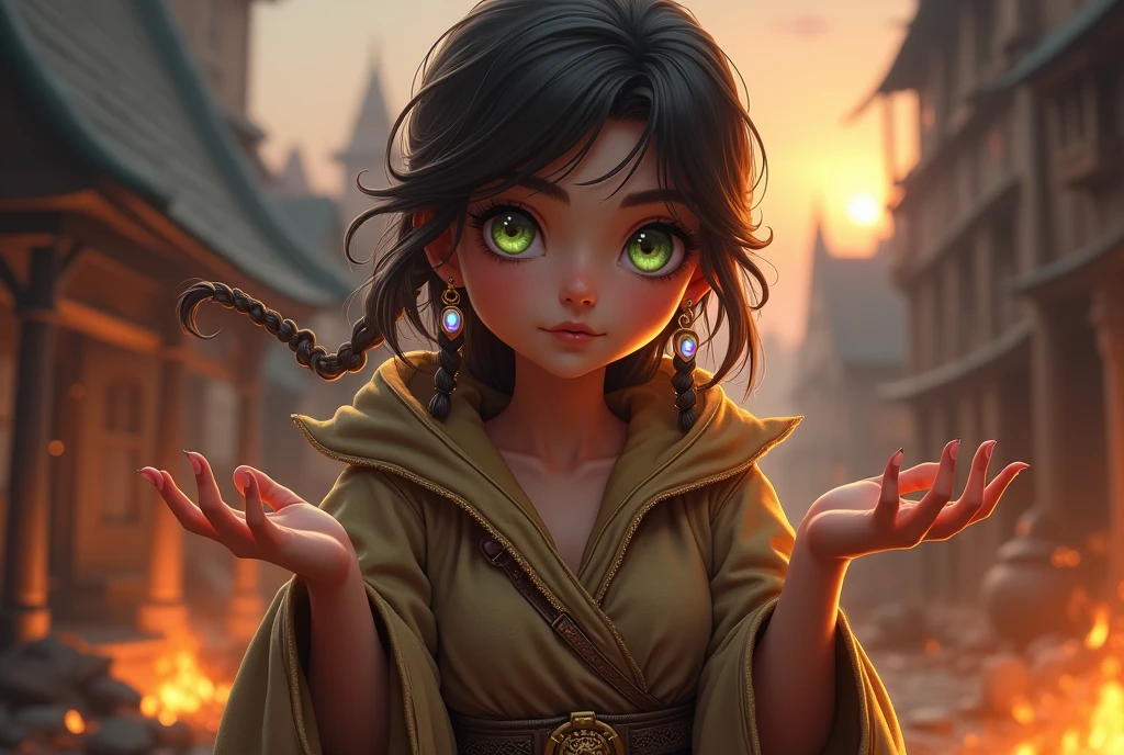 fantasy full-body-shot character of a posing timid cute female warlock with piercing green eyes with tiny glowing amethyst earrings and hip length disheveled dark sooty brown hair decorated by small rope braids wearing a gold trimmed contoured khaki robe illuminated by fire embers. Background of burning embers ash and soot flying through the air in a grim medieval port town with sunset in the distance.