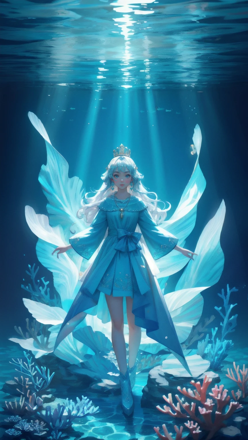 Create an image set in an underwater world with a blue-themed background. Replace the large sea creature wearing a crown with a cute girl, who is also adorned with a crown and necklace, standing confidently in the center of the scene. The girl should be surrounded by colorful coral reefs and schools of fish swimming around her, with rays of light beaming down from above. Bitcoin coins and cryptocurrency symbols should be floating in the water, adding to the fantastical and regal atmosphere of the scene, while maintaining the original vibrant and majestic underwater environment.