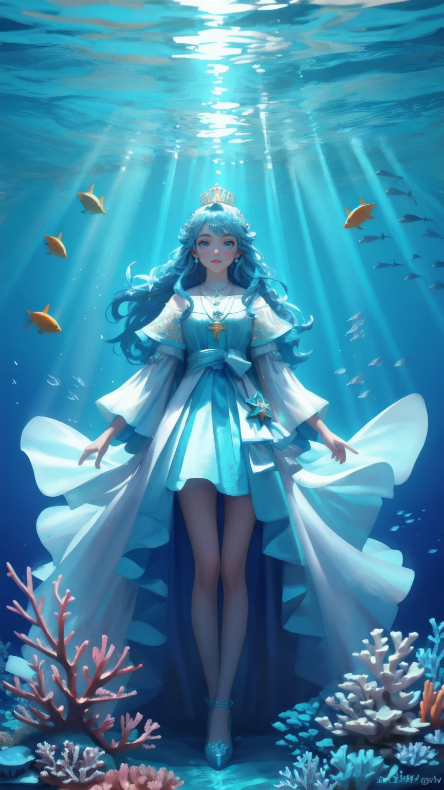 Create an image set in an underwater world with a blue-themed background. Replace the large sea creature wearing a crown with a cute girl, who is also adorned with a crown and necklace, standing confidently in the center of the scene. The girl should be surrounded by colorful coral reefs and schools of fish swimming around her, with rays of light beaming down from above. Bitcoin coins and cryptocurrency symbols should be floating in the water, adding to the fantastical and regal atmosphere of the scene, while maintaining the original vibrant and majestic underwater environment.