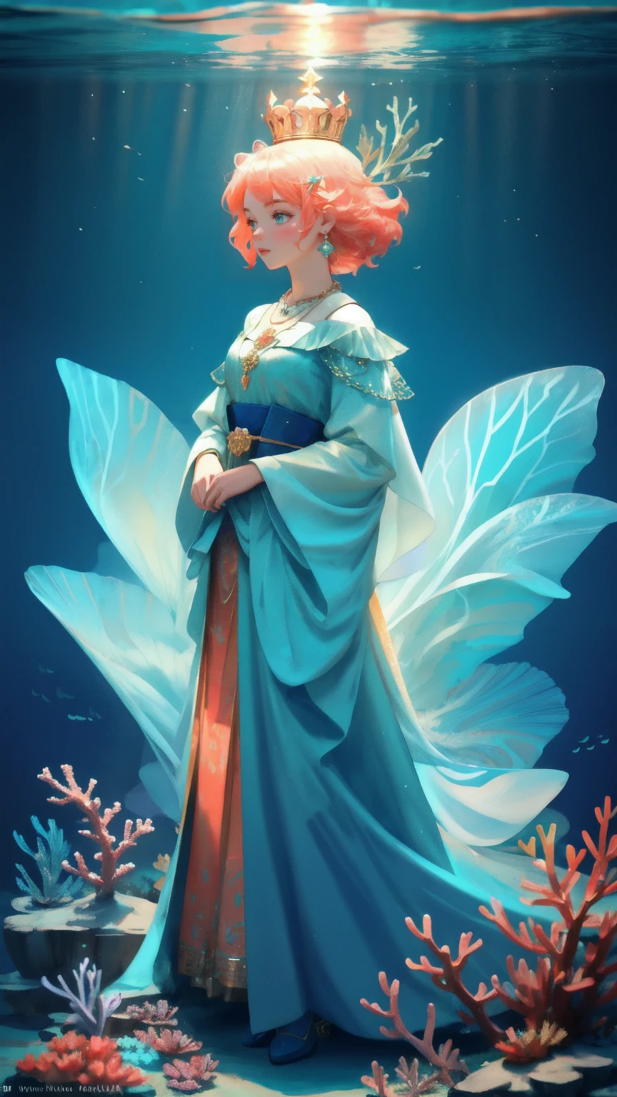 Design an underwater scene with a blue-themed background, replacing the large crowned creature with a cute girl, who is also wearing a golden crown and a necklace. The girl should stand at the center of a majestic underwater palace, surrounded by vibrant coral reefs and colorful fish. Rays of light should stream down from the surface, illuminating the scene, while Bitcoin coins and other cryptocurrency symbols float around, creating a mix of fantasy and wealth in a serene, aquatic environment