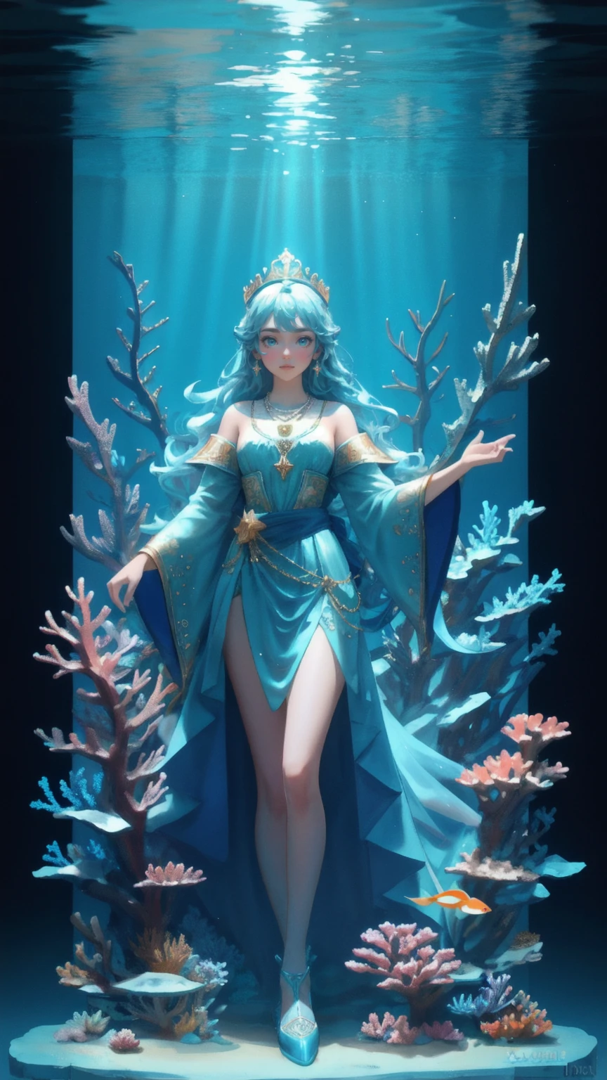 Design an underwater scene with a blue-themed background, replacing the large crowned creature with a cute girl, who is also wearing a golden crown and a necklace. The girl should stand at the center of a majestic underwater palace, surrounded by vibrant coral reefs and colorful fish. Rays of light should stream down from the surface, illuminating the scene, while Bitcoin coins and other cryptocurrency symbols float around, creating a mix of fantasy and wealth in a serene, aquatic environment