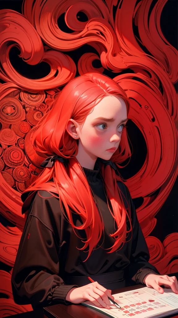 a girl checking a calendar as she is waiting for a payment, daily deviation on deviantart, Exasperation, Raised eyebrows, an exaggerated sigh, and a look of disbelief or annoyance, !!!! very coherent!!!!, jim woodring, by Denis Eden, red color theme