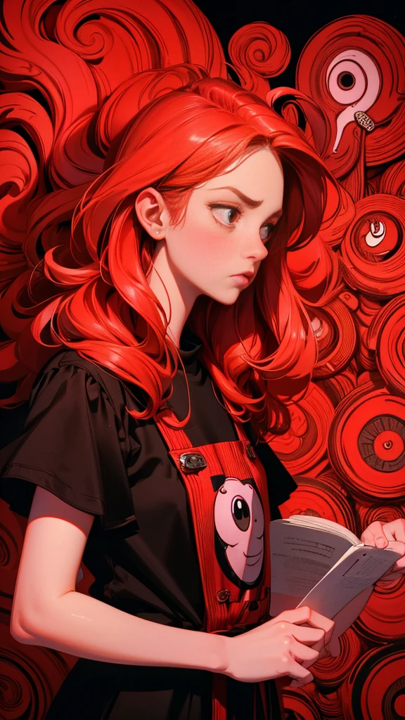 a girl checking a calendar as she is waiting for a payment, daily deviation on deviantart, Exasperation, Raised eyebrows, an exaggerated sigh, and a look of disbelief or annoyance, !!!! very coherent!!!!, jim woodring, by Denis Eden, red color theme