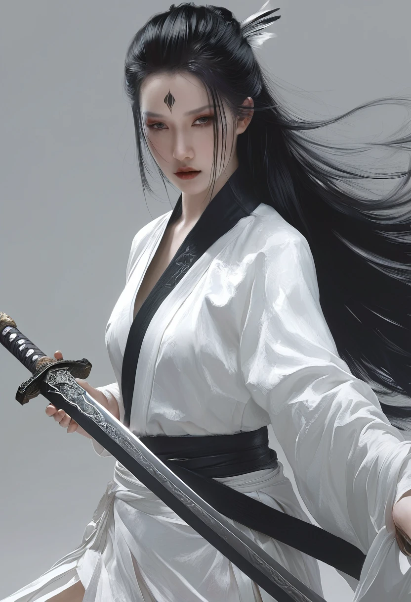 A woman with black hair and white skin, Long Sword，artwork in the style of Gu Weiss, Gu Weiss, the style of WLOP, ross tran and WLOP, Inspired by WLOP, Eve Ventro, in style of WLOP, WLOP and ross tran, Pan Chengwei on artstation, best on WLOP, WLOP |