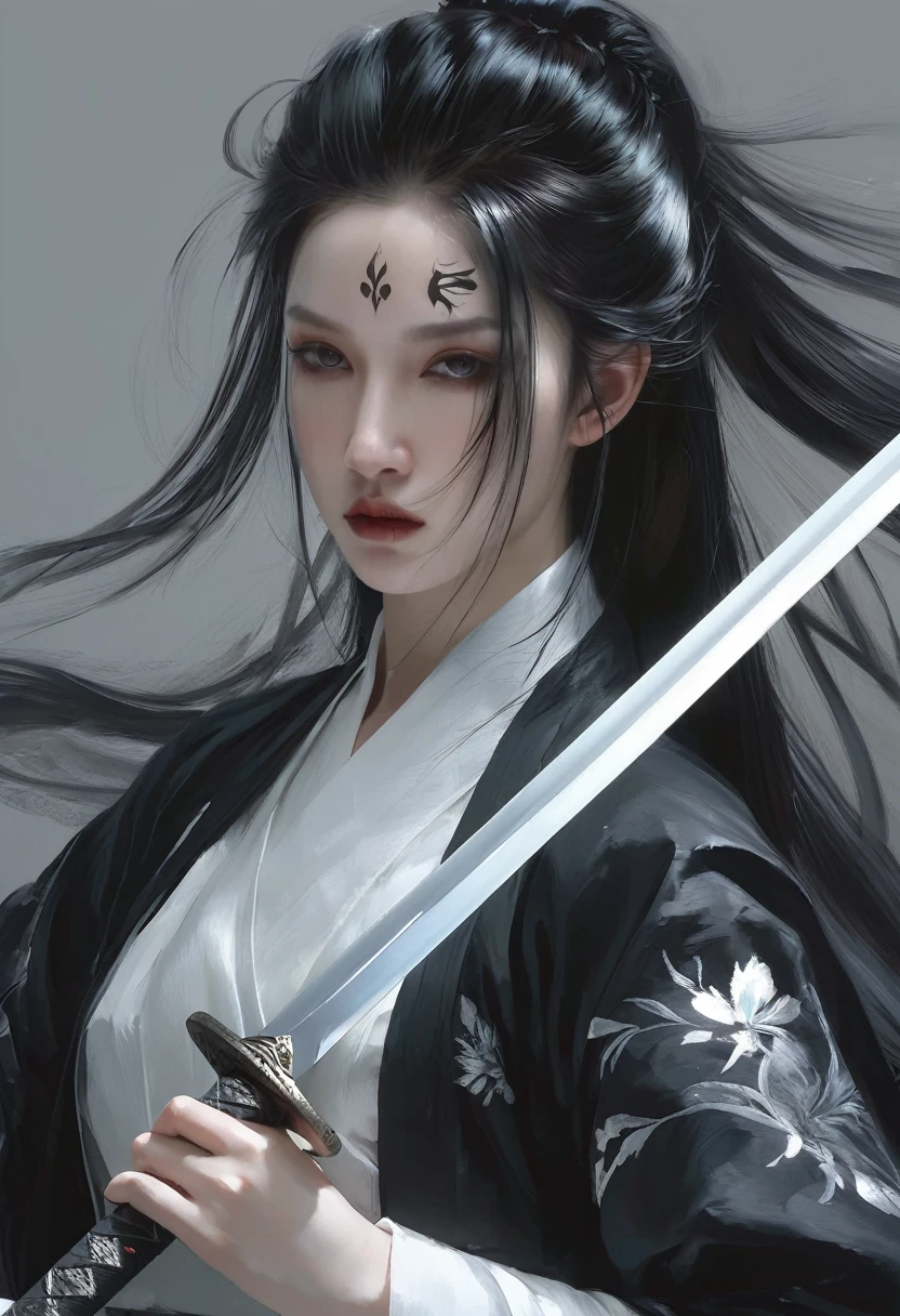 A woman with black hair and white skin, Long Sword，artwork in the style of Gu Weiss, Gu Weiss, the style of WLOP, ross tran and WLOP, Inspired by WLOP, Eve Ventro, in style of WLOP, WLOP and ross tran, Pan Chengwei on artstation, best on WLOP, WLOP |