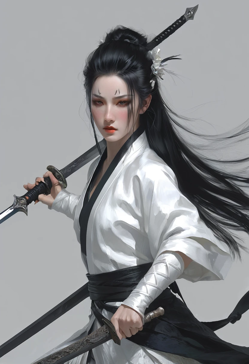 A woman with black hair and white skin, Long Sword,artwork in the style of Gu Weiss, Gu Weiss, the style of WLOP, ross tran and WLOP, Inspired by WLOP, Eve Ventro, in style of WLOP, WLOP and ross tran, Pan Chengwei on artstation, best on WLOP, WLOP |