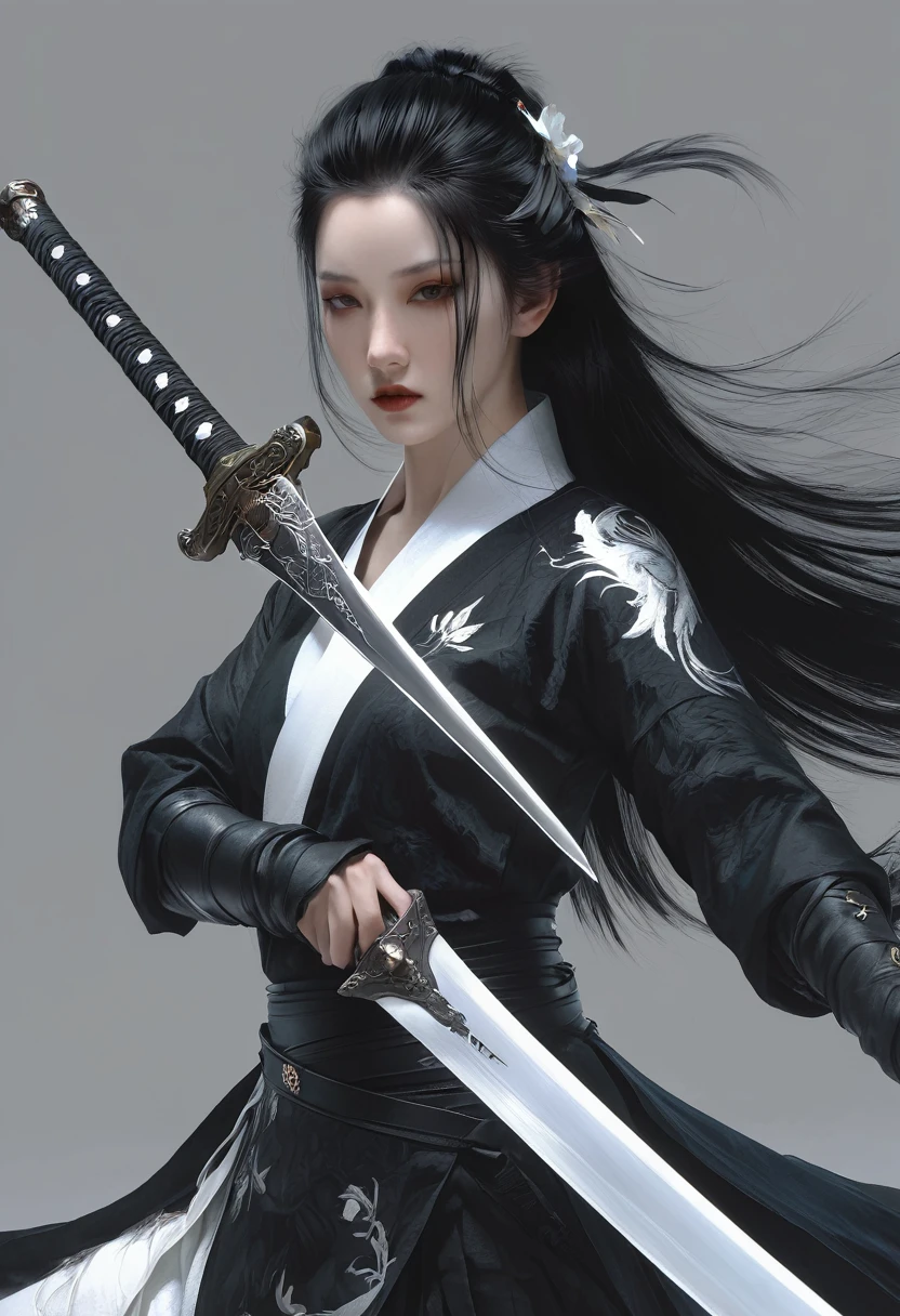 A woman with black hair and white skin, Long Sword，artwork in the style of Gu Weiss, Gu Weiss, the style of WLOP, ross tran and WLOP, Inspired by WLOP, Eve Ventro, in style of WLOP, WLOP and ross tran, Pan Chengwei on artstation, best on WLOP, WLOP |