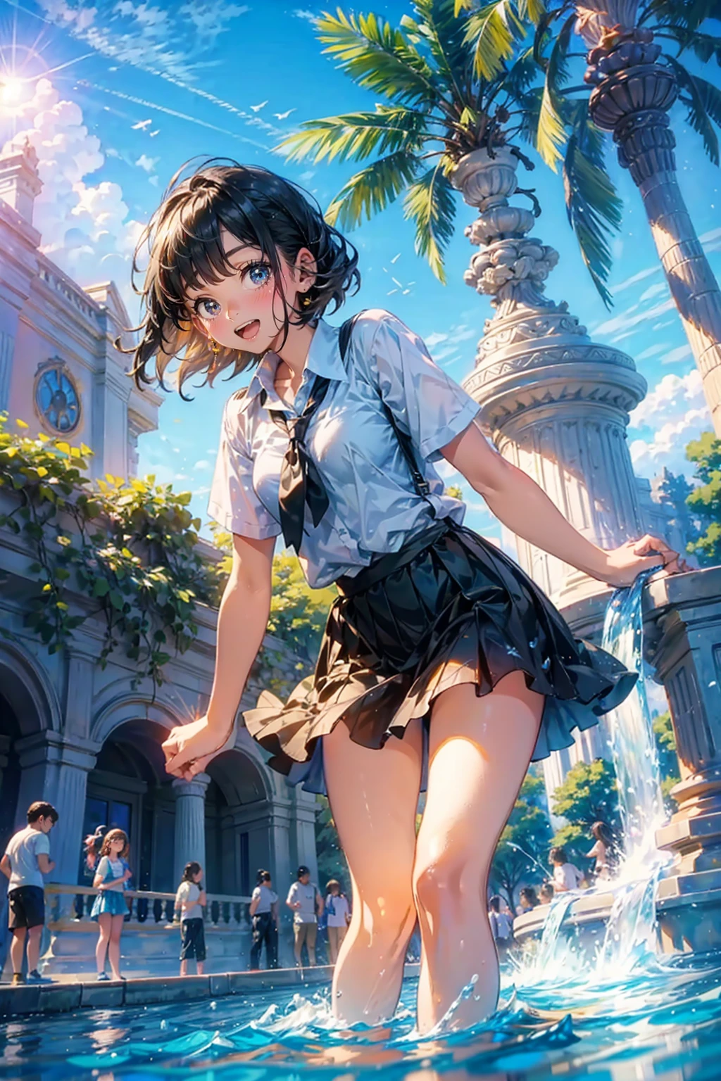 1girl,cute,water play,fountain,at park,brilliant,sunshine,from below,shirt and mini skirt,