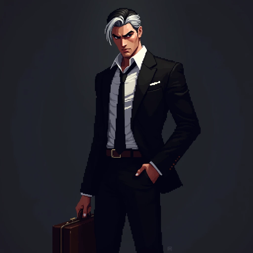(masterpiece, top quality, best quality), pixel,(pixel art:1.2),1man in a black straight suit, hair covering eyes, grinning, handsome,white and black hair,black boots, wearing a neck tie, holding a briefcase,side view,close up