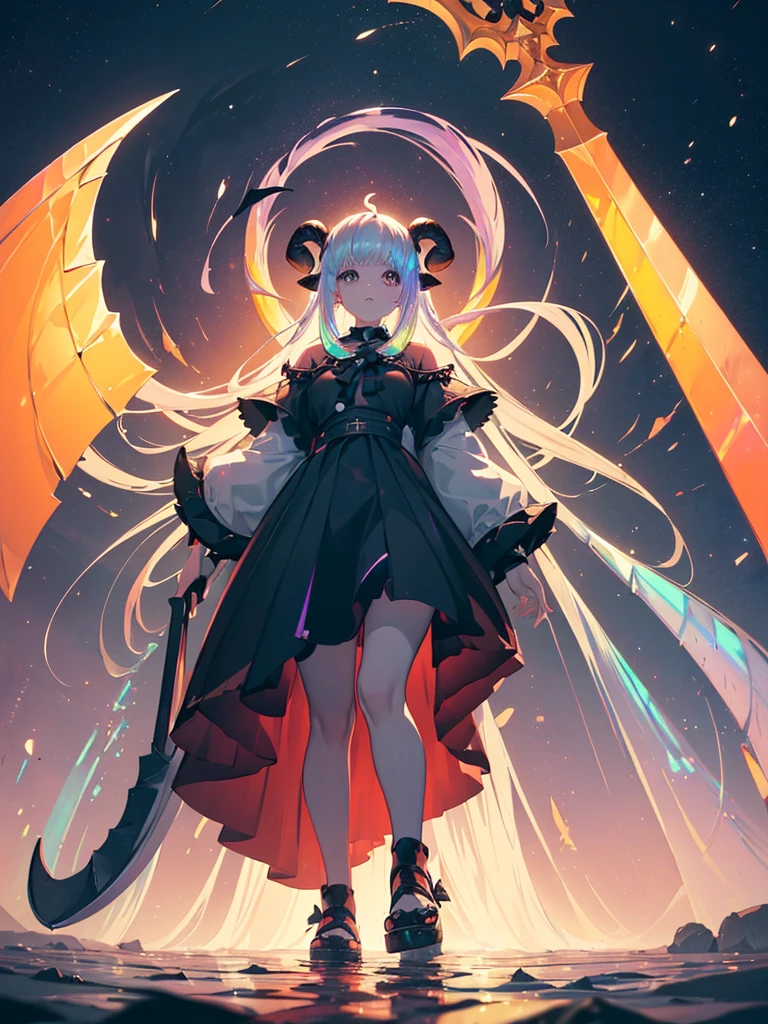 A girl with goat horns, (((the girl is the FINAL BOSS))), her face is very angry, big pink eyes, moving hair, long sideburns, final boss clothes, walking on the water, ripples where she steps, possession pose, full body, (((holding a GIANT black scythe))), {extremely detailed 16k CG unit wallpaper}, expansive landscape photography, (a view from below with focus on character and setting) , (wide open field view), (low angle shot), (high light: 1.5), (low light: 1.4), (warm light source: 1.4), complex details, (iridescent colors: 1.8), ( bright lighting), (atmospheric lighting), dreamy, cinematic, unique