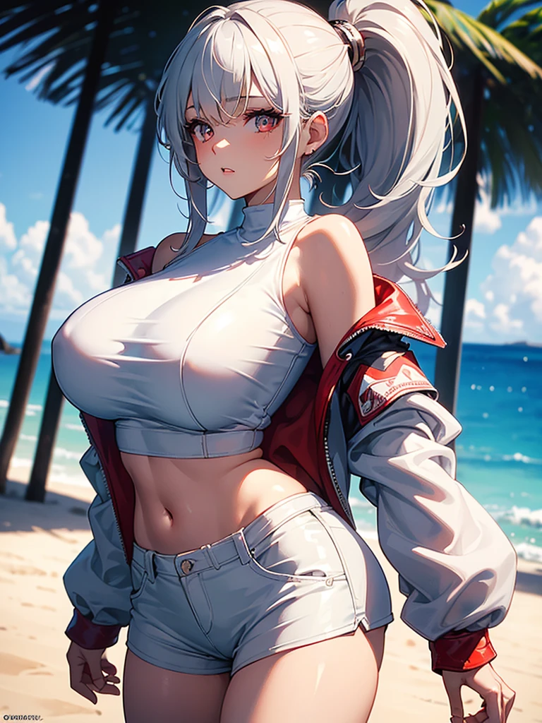 (masterpiece:1.6, best quality), (finely detailed beautiful eyes: 1.2), (Overhead view), high quality, beautiful face, 1girl, wide shot, white tshirt, leather short shorts, oversized leather jacket, open shoulders, red eyes, silver hair, large breasts, ponytail hair, wide hips, badass (leaning to the side, ), beach, background, detailed background,