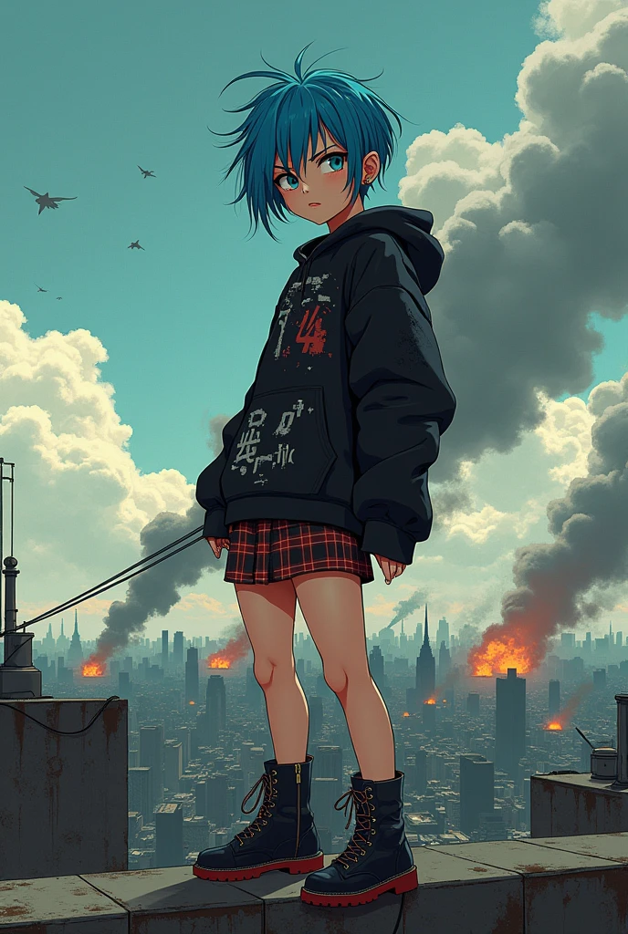 (Perfect Masterpiece:1.2), (best quality, 4k, 8k, highres, masterpiece), A punk-goth tomboy, with bright blue hair, pixie cut hairstyle, fierce gray eyes, wearing a distressed black hoodie, plaid skirt, combat boots, perched on a rooftop, overlooking a dystopian skyline, with swirling storm clouds and distant explosions, (A Vector illustration in the style of Retro Futurism, Pop Art, and Graphic Novel, by Masashi Kishimoto:1.3), \(inspired by Konan from Naruto\)