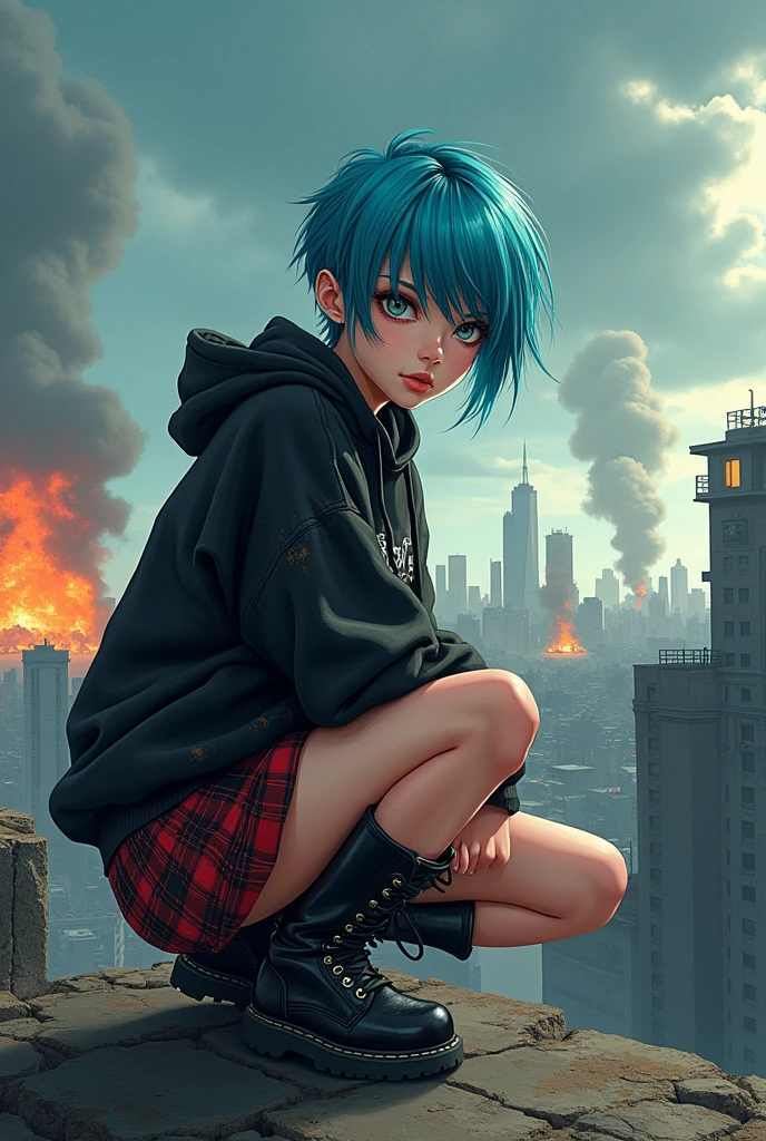 (Perfect Masterpiece:1.2), (best quality, 4k, 8k, highres, masterpiece), A punk-goth tomboy, with bright blue hair, pixie cut hairstyle, fierce gray eyes, wearing a distressed black hoodie, plaid skirt, combat boots, perched on a rooftop, overlooking a dystopian skyline, with swirling storm clouds and distant explosions, (A Vector illustration in the style of Retro Futurism, Pop Art, and Graphic Novel, by Masashi Kishimoto:1.3), \(inspired by Konan from Naruto\)