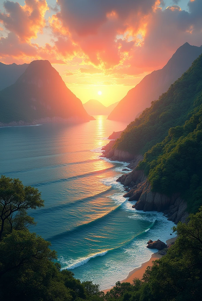 Beautiful Sunset and sea and forest, Mountains