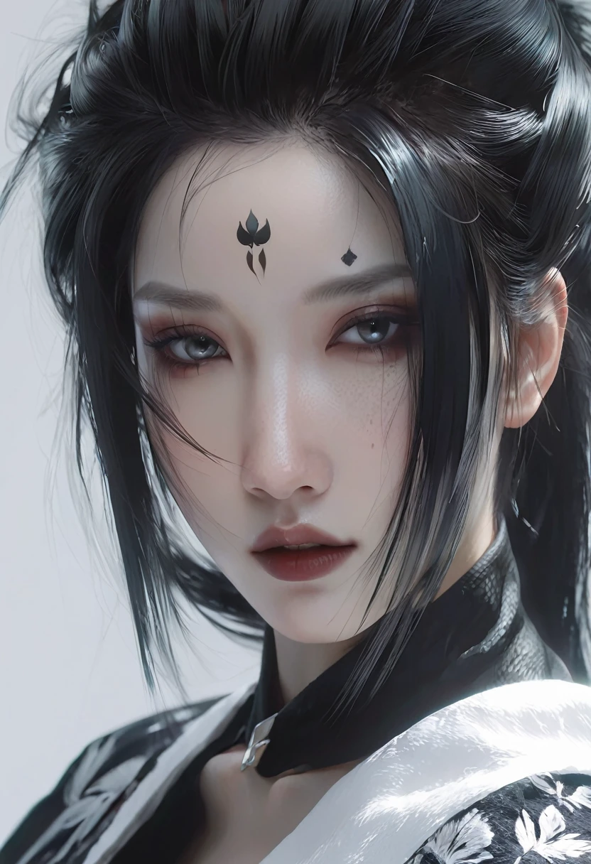 A woman with black hair and white skin,Close-up of face， artwork in the style of Gu Weiss, Gu Weiss, the style of WLOP, ross tran and WLOP, Inspired by WLOP, Eve Ventro, in style of WLOP, WLOP and ross tran, Pan Chengwei on artstation, best on WLOP, WLOP |