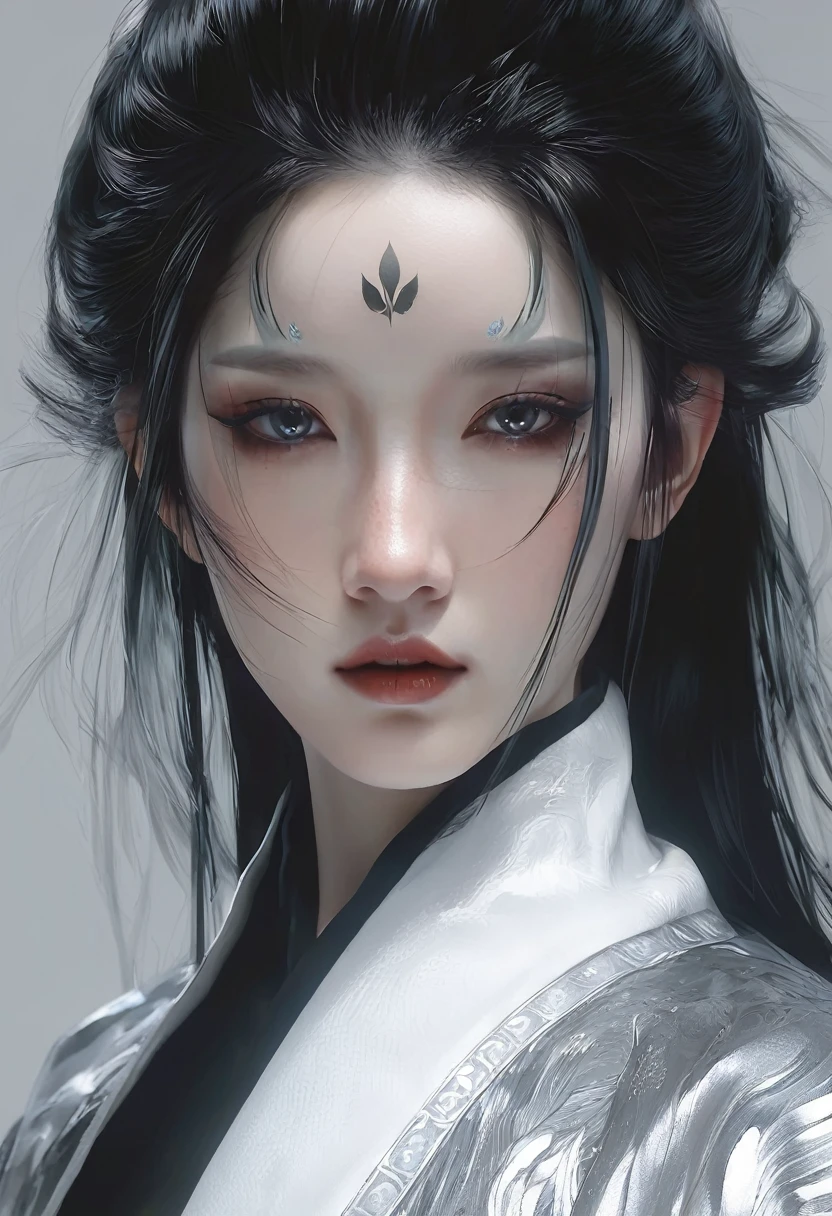 A woman with black hair and white skin,Close-up of face， artwork in the style of Gu Weiss, Gu Weiss, the style of WLOP, ross tran and WLOP, Inspired by WLOP, Eve Ventro, in style of WLOP, WLOP and ross tran, Pan Chengwei on artstation, best on WLOP, WLOP |