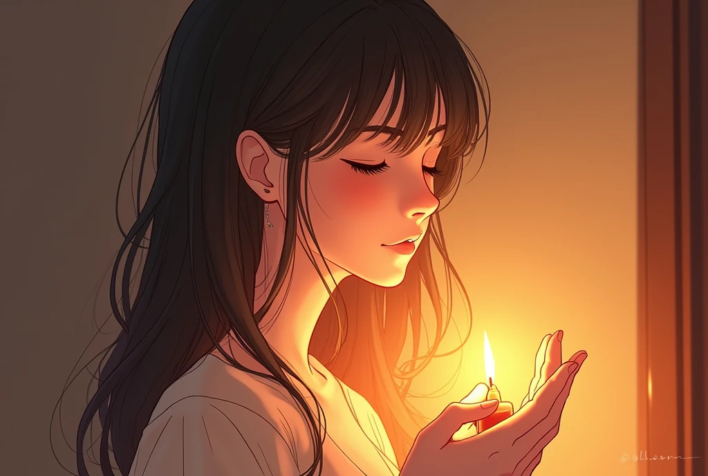 anime art of a delicate and ethereal illustration of a woman holding a small lit candle. The style blends fine line art with soft, warm lighting that emanates from the candle, casting a golden glow on the woman's face and upper body. Her eyes are closed, and her expression is serene, as if she is in a moment of deep contemplation or peace. The lines that define her hair and features are intricate, giving a sense of movement and lightness, while the glowing light adds depth and warmth to the overall composition. The contrast between the gentle lines and the warm, glowing light creates a dreamlike and soothing atmosphere.