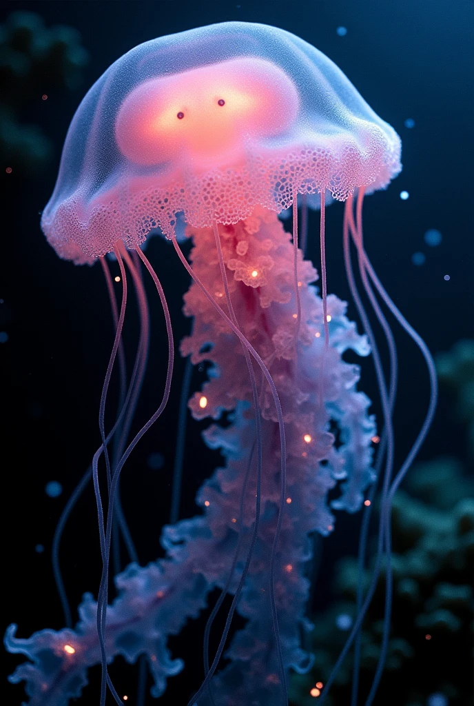 photo RAW, (Black and pink : Portrait of a ghostly jellyfish, shiny aura, highly detailed, gold filigree, intricate motifs, organic tracery, by Android jones, Januz Miralles, Hikari Shimoda, glowing stardust by W. Zelmer, perfect composition, smooth, sharp focus, sparkling particles, lively coral reef background Realistic, realism, hd, 35mm photograph, 8k), masterpiece, award winning photography, natural light, perfect composition, high detail, hyper realistic