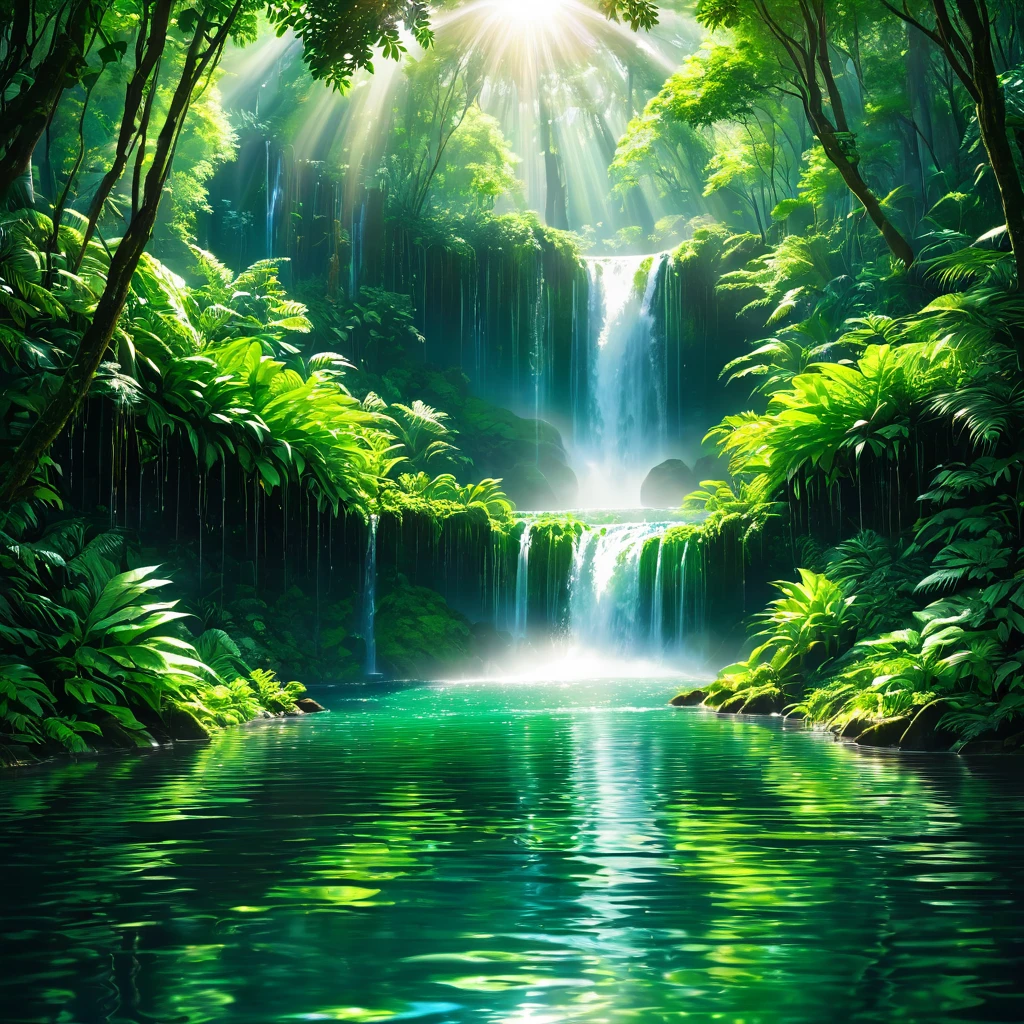 Lush green forest, waterfalls, sunlight reflecting on the water surface, peaceful and cool atmosphere.