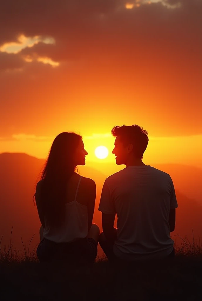 professional photography, Summer sunset, Shadow of a girl sitting and watching the sunset with her boyfriend, both of them smiling faces., Too realistic, movie theater lighting