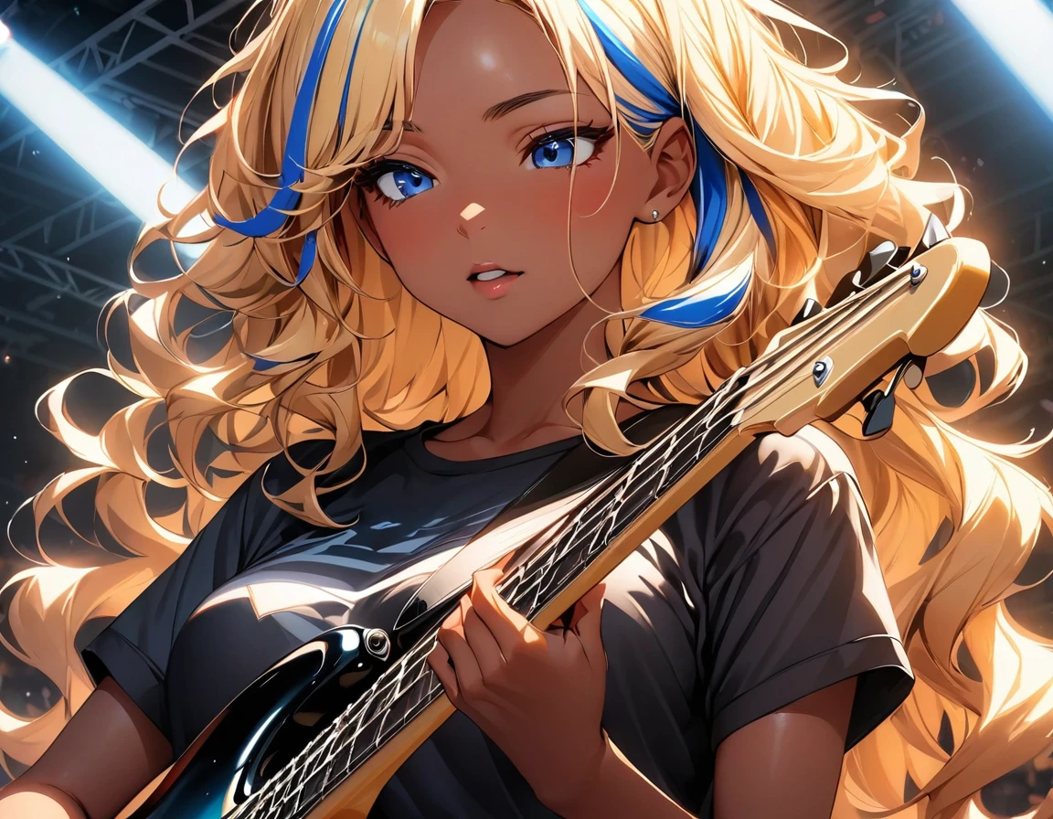 (highest quality:1.2, Very detailed, up to date, Vibrant, Ultra-high resolution, High Contrast, masterpiece:1.2, highest quality, Best aesthetics), Portraiture、girl、(25-years-old:1), slim, (black t-shirt), jeans, Bright colors、Beautiful fine details、Beautiful lip detail、extra short hair, ((wavy hair:1.3))、messy hair, blonde and blue ((streaked hair:1.5)), highlights hair: 1.3, medium breast, (tan skin:1.3), ((Playing bass:1)), electric bass, singing, Rehearsing for a concert:1, on stage, (upper body:1.7),