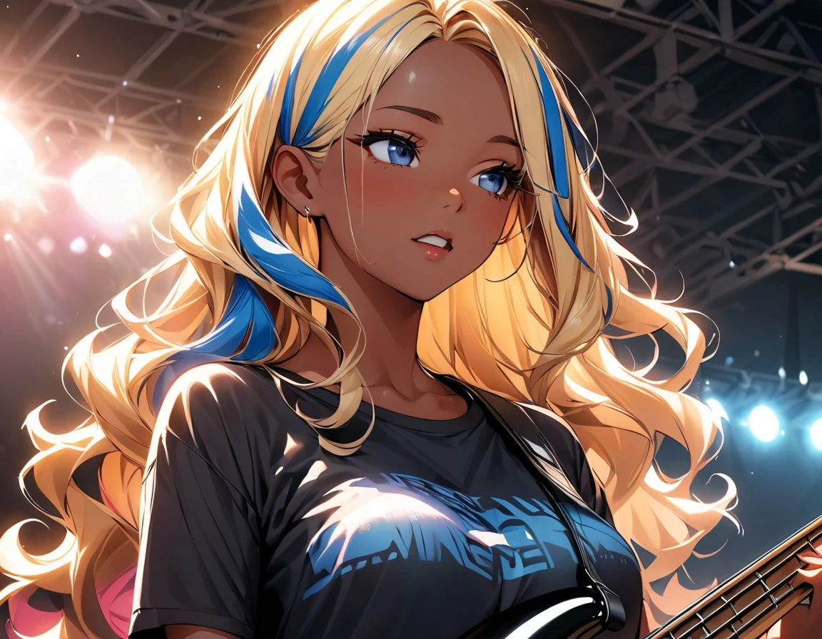 (highest quality:1.2, Very detailed, up to date, Vibrant, Ultra-high resolution, High Contrast, masterpiece:1.2, highest quality, Best aesthetics), Portraiture、girl、(25-years-old:1), slim, (black t-shirt), jeans, Bright colors、Beautiful fine details、Beautiful lip detail、extra short hair, ((wavy hair:1.3))、messy hair, blonde and blue ((streaked hair:1.5)), highlights hair: 1.3, medium breast, (tan skin:1.3), ((Playing bass:1)), electric bass, singing, Rehearsing for a concert:1, on stage, (upper body:1.7),