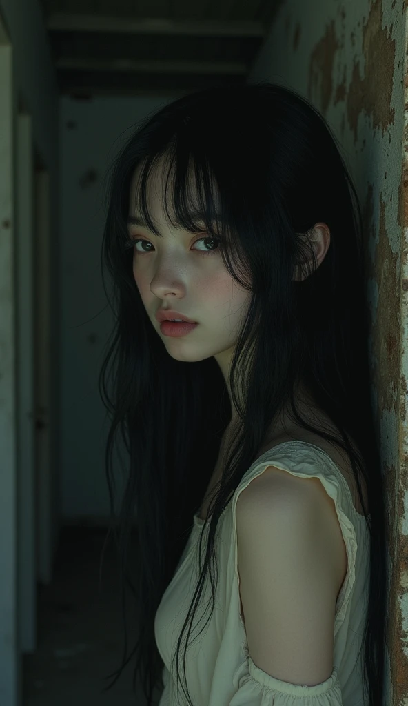 Depressed girl、Long black hair、Small Nose、Skinny body、White eyes、Thin lips、Inpatients、Upper Body、Close-up、Real、A dark corridor in a dilapidated Western-style building、
