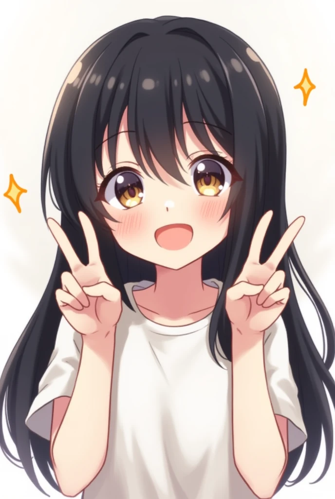 An illustration、anime、Childish、Young、Long black hair、Bangs above the eyebrows、Deep-set eyelids、星野アイ Star-shaped eyes、Star-shaped eyes、Hands making peace sign next to face、white Ꭲ shirt