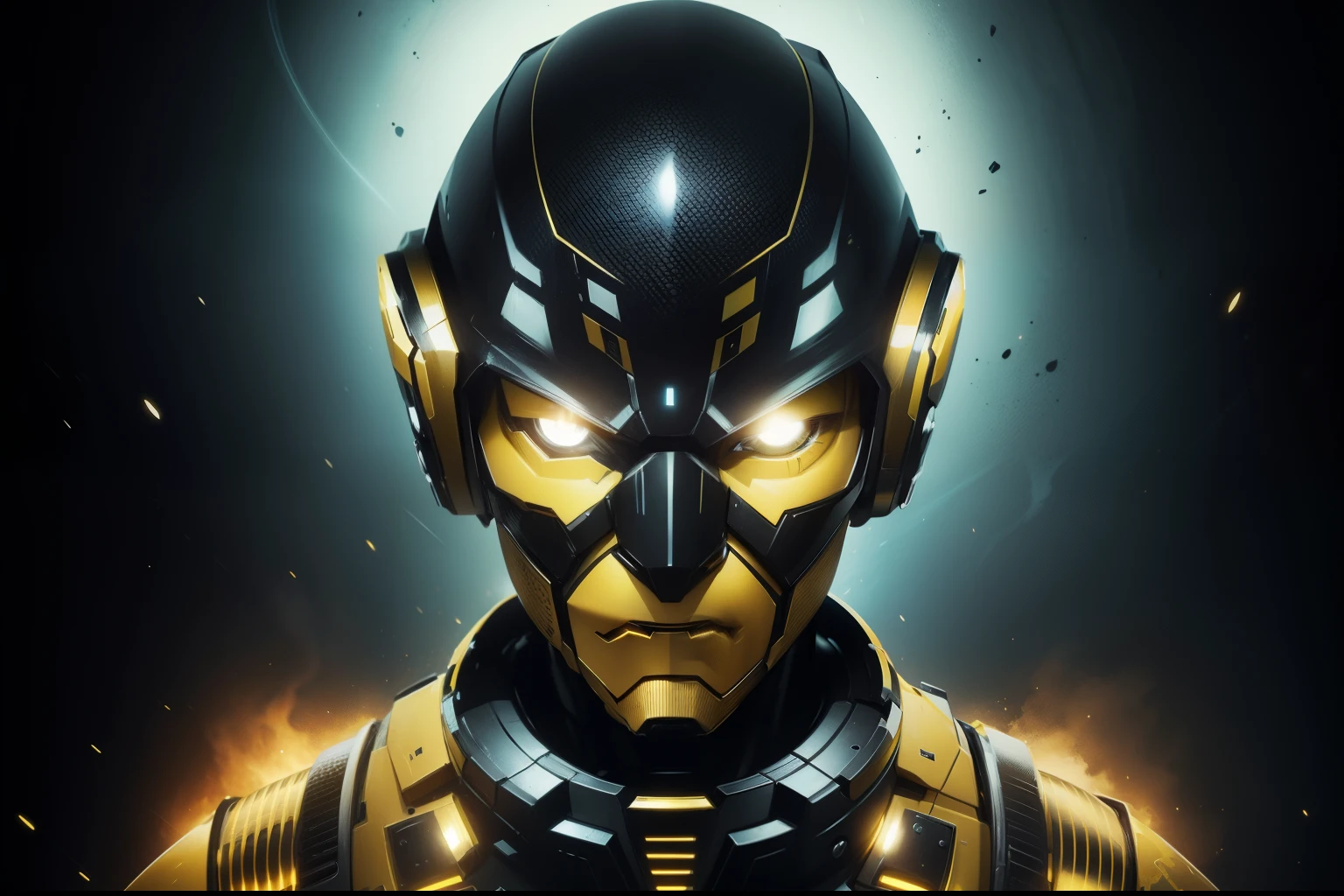 black and yellow robot man, space background, well detailed, 1080, realistic face, realistic eyes, 