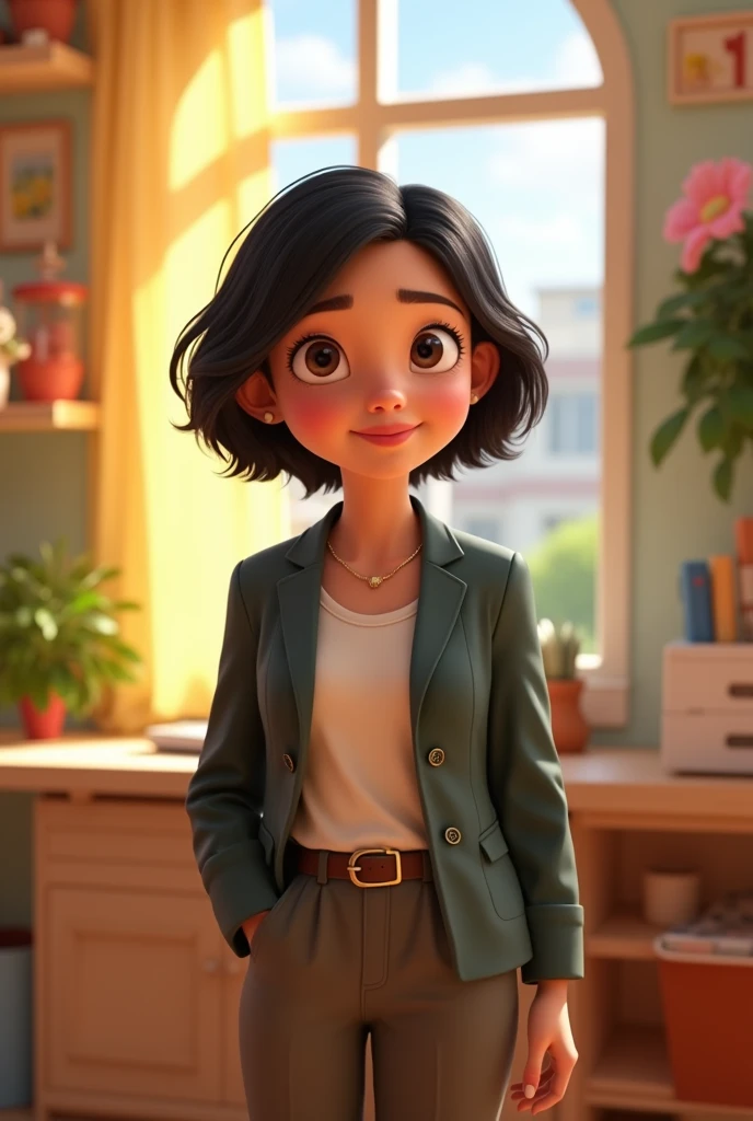 Create relaxing scenes in a Disney-Pixar style, Chubby, Kind, 30 year old woman, Short black hair with front parting, Smiling, Light brown eyes, Wear professional clothing, Has a suit jacket, smart causal pixar 3d.