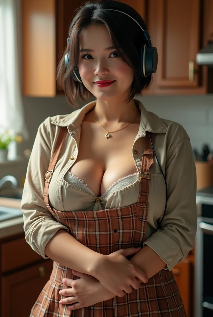 ((Highest quality)), ((masterpiece)), (detailed), One person, sexy、A masterpiece of idol cuteness! An active housewife, only 30 years old, stands in her kitchen cooking in headphones and an apron. Dynamic lighting frames her round face, highlighting her narrow eyes and perfect features. Adult short cut, the camera zooms in on her plump cheeks and large breasts, and her frayed shirt accentuates her large cleavage. A very short plaid skirt hugs her thighs, and a prone angle captures her best smile, showing off her realistic body and fine details. The subject, kneeling comfortably with her arms wrapped around her chest, is naturally attractive without makeup, making this an elaborate and professional piece of work. Chubby,