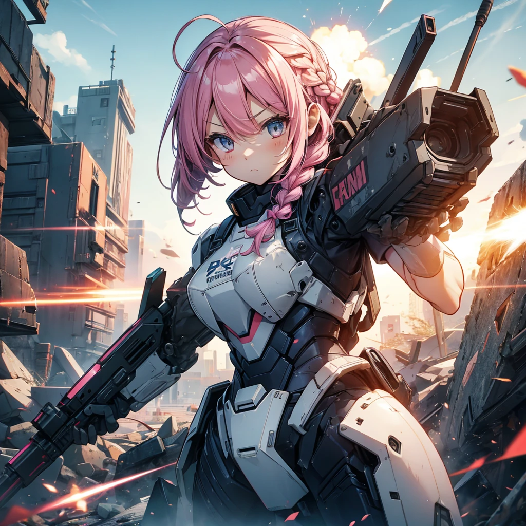 Girl、cute、soldier、Heavy equipment、rifle、gun、Rocket Launcher、Heavily armed、Mecha body、Strengthen the outer frame、Random cool poses、Pink Hair、Bob Hair、Braid、Big eyes、Close your mouth、battlefield、Exploding Background、Beautiful depiction、gun弾が飛び交う、Near future、Body Armor、Jetpack、Hair fluttering in the wind、Giant Robot