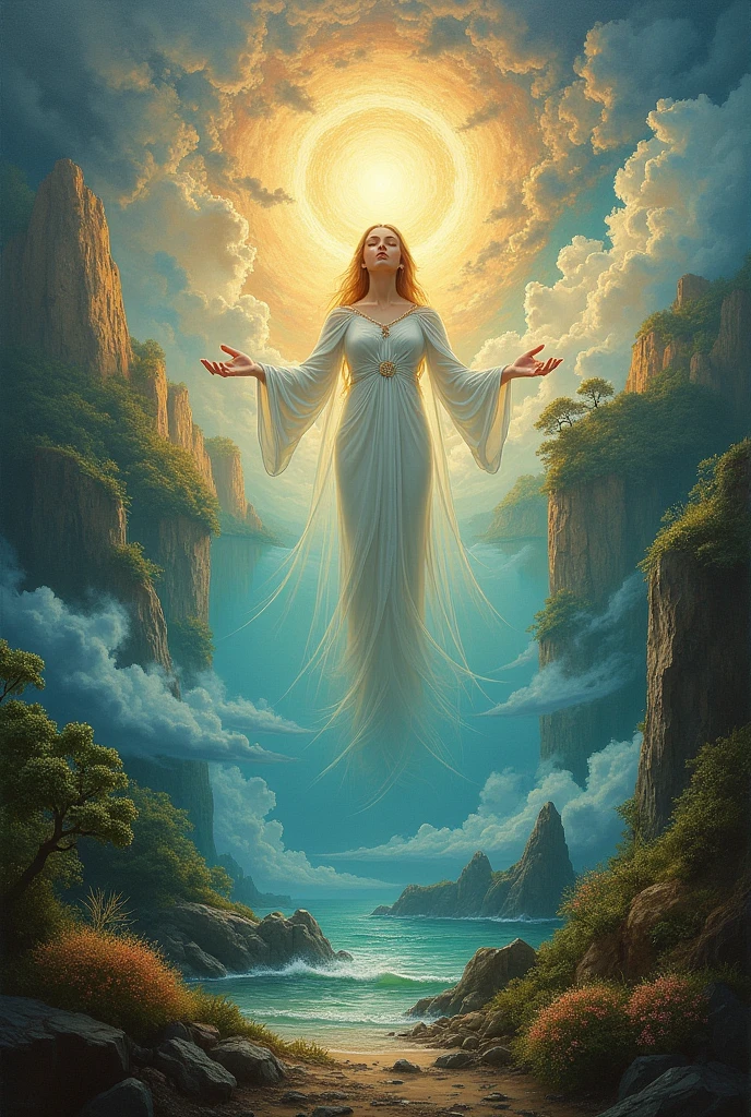 The goddess Giaa holds the earth and the fertile natural land above the sea.