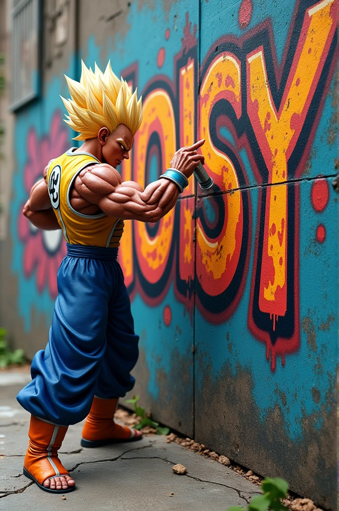 Vegeta making a graffiti that says Noisy on a wall