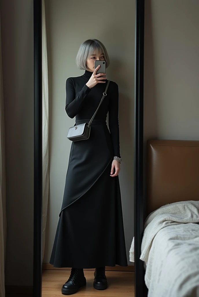 highly detailed, beautiful, hyper Realistic girl, masterpiece, best quality, Japanese sexy fashion model, 18 years old, identity hidden, takes a selfie in her room using a smartphone in front of a mirror with one hand, fashion model Posing, looking away from the camera, /// gray short hair, light color eyes, Realistic skin, Detailed face, /// black-themed, futuristic-inspired fall outfit, black asymmetrical sleek short shirt with collar, form-fitting turtleneck in a soft gray fabric. Combine this with high-waisted black layered maxi patchwork skirt made from a modern silhouette, Footwear should include black, futuristic sneakers with Thick soles. Accessories might involve a slim, a minimalist silver crossbody bag. The overall look should blend modern functionality with futuristic elements, offering a fresh, forward-thinking take on autumn fashion, /// Monotone simple modern taste single room, mirror, complicated background