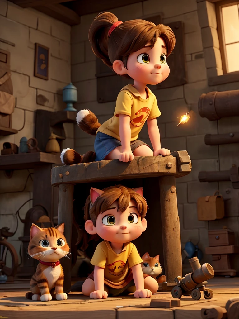 The boy cat finds an old cannon lying on the roof and places it upright. He tells the girl cat to sit inside, explaining that he will light it, and she will fly to the moon. The girl cat hesitates for a moment but then climbs into the cannon with a brave smile. The boy cat stands behind the cannon, ready to light it, with determination on his face. The boy cat looks determined, with his paws on the cannon, ready to light it. His red T-shirt is slightly dirty from moving the cannon, and his fur is even more disheveled. The girl cat is sitting inside the cannon, gripping the edges with her small paws. Her yellow dress is now slightly crumpled, and her ponytail has a few loose strands of fur.