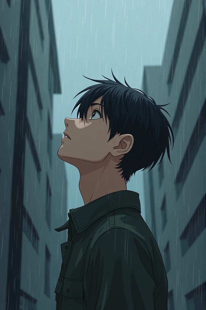 A men looking up the sky while raining in anime