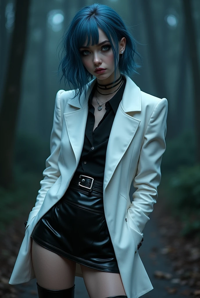 Very effeminate femboy boy
Boy with feminine features 19 year old boy with white skin, blue to black hair Very Gothic Emo beautiful eye makeup
Wearing a white fitted jacket with a blouse and neckline, black latex mini skirt, long latex boots